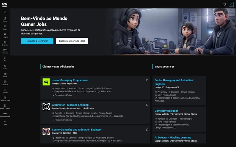 Página inicial do Mundo Gamer Jobs